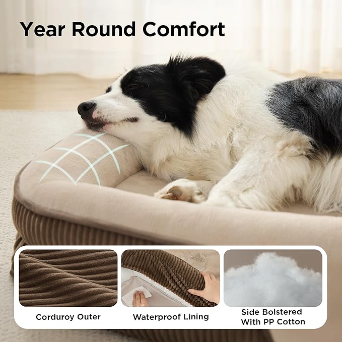Bedsure L Plus Orthopedic Dog Beds Large Sized Dog - 360° Oval Bolster Large Dogs Bed for Senior Dogs with Waterproof Washable Cover, Big Comfort Pet Sofa Couch with Ultra-Soft Fleece, Brown, 38"