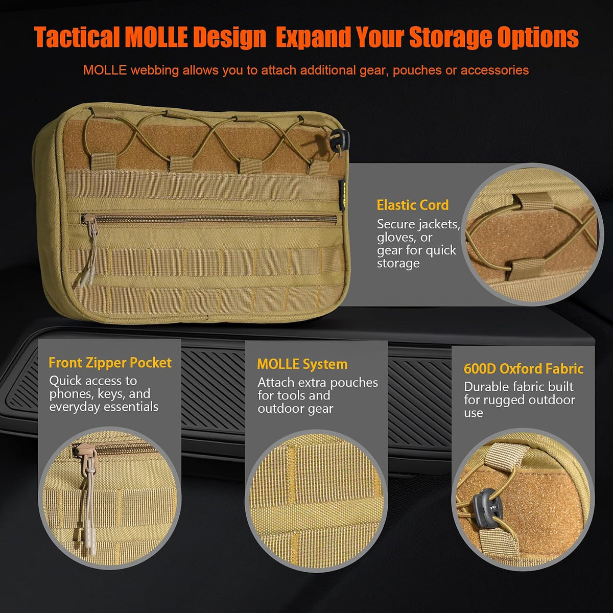 Car Storage Organizer Compatible with 2021-2025 Ford Bronco 2/4 Door, Heavy Duty Rattle-Free Backseat Tactical Seat Storage Bags, No-Drill 600D Oxford Anti-Clutter Gear-Brown