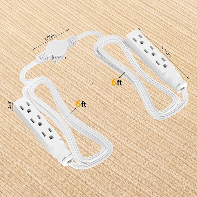 STARELO Twin Extension Cord Receptacle, 12FT Flat Plug with 6 3-Prong Receptacles, 6FT Long on Each Side, for Behind Beds, Sofas, Dressers, Furniture (White)