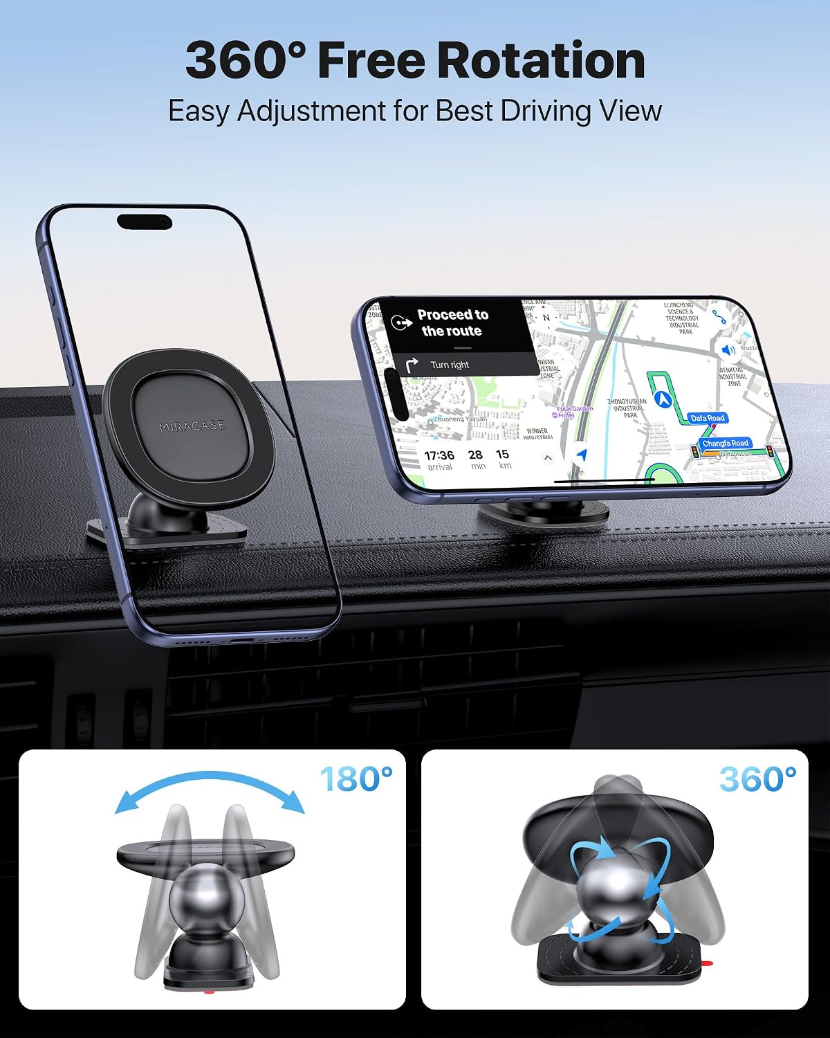 miracase for MagSafe Car Mount【Strong Magnets】 Magnetic Phone Holder for Dashboard，360 Adjustable Car Phone Holder, Compatible with Garmin GPS iPhone Android and All Smartphones, Black