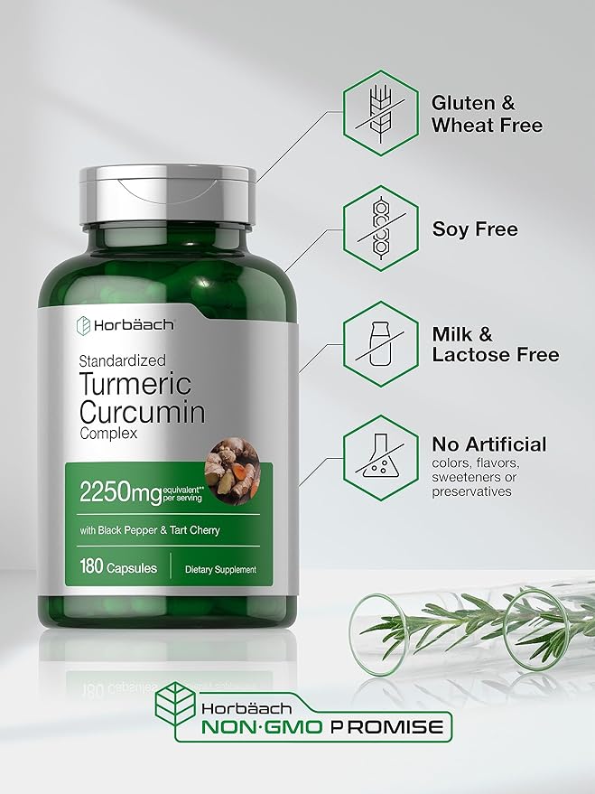 Horbäach Turmeric Curcumin Supplement | 2250mg | 180 Capsules | with Black Pepper & Tart Cherry | Non-GMO & Gluten Free