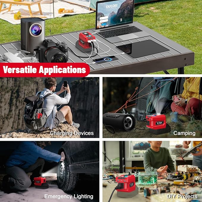 220W Azocek Power Inverter Compatible with Milwaukee 18V Battery, DC 18V to AC 110V Portable Power Station with 1 AC Outlet, 2 USB Ports & 1 Type-C Fast Charging, 400LM LED Work Light
