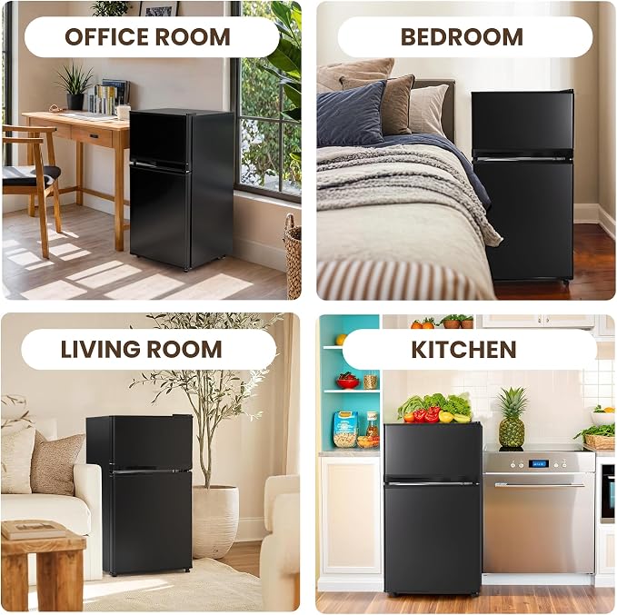 3.6 Cu.Ft Refrigerator with Freezer for Kitchen Office, Black | Double Door Small Fridge with Freezer, 7-Level Thermostat, Adjustable Shelves & Quiet Operation for Dorm and Bedroom
