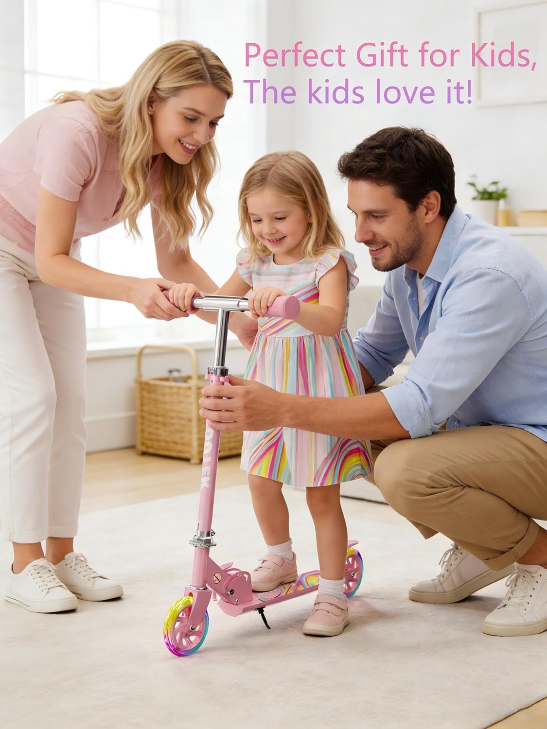 Skiennix Kids Kick Scooter - Adjustable 3-Level Height, LED Light-Up, Lightweight Foldable - Girly Pink