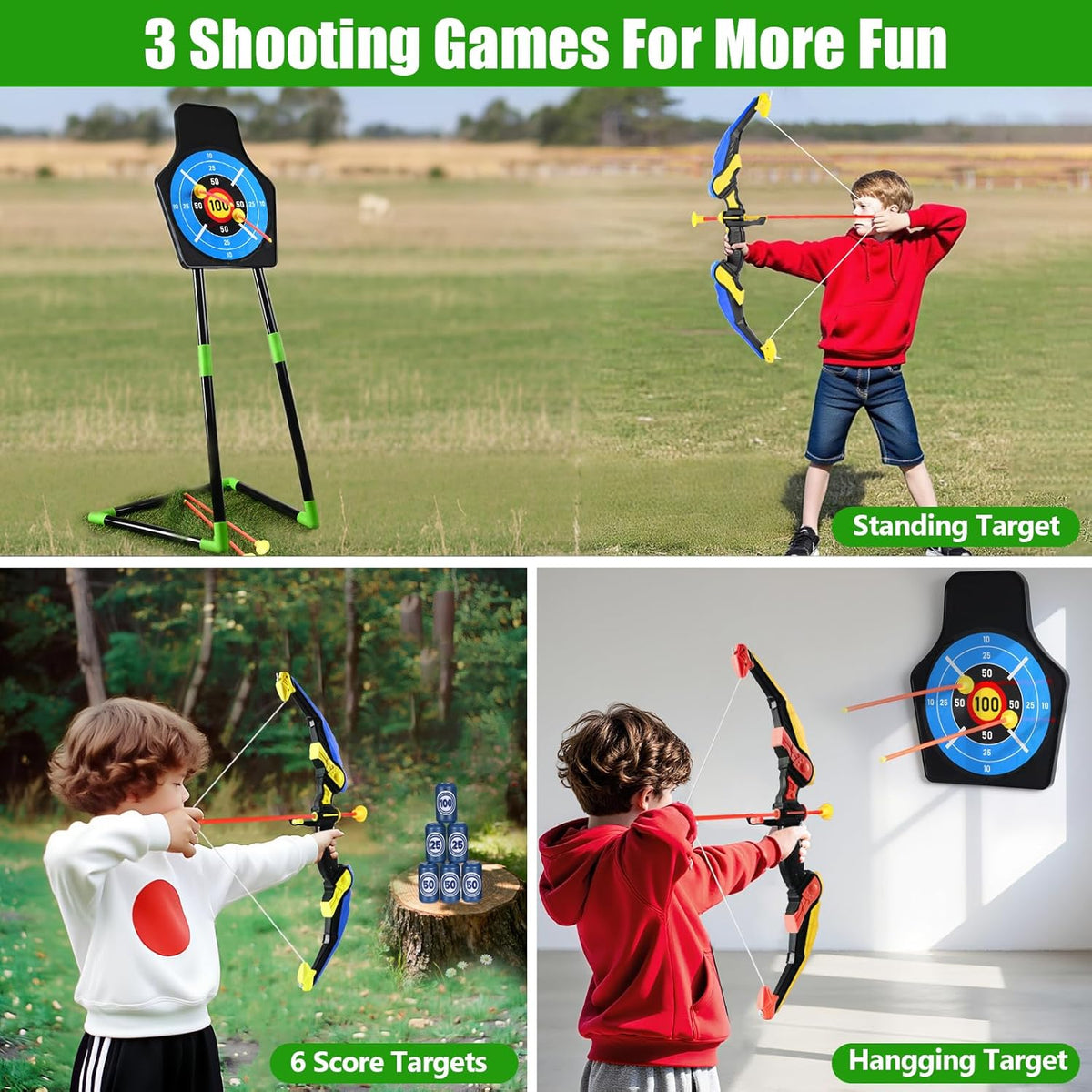Skiennix Bow and Arrow Toy Set - 2 Pack with 24 Suction Cup Arrows & Target | Indoor/Outdoor Sports Gift for Ages 4-12