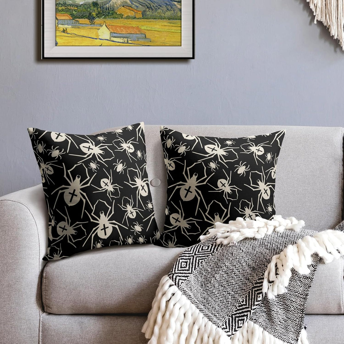 Black Halloween Pillow Covers 18x18 Set of 2 Cream Spider Print Outdoor Decorative Throw Pillows Holiday Scary Themed Farmhouse Pillowcases Linen Cushion Case Decor for Home Sofa Couch Bed