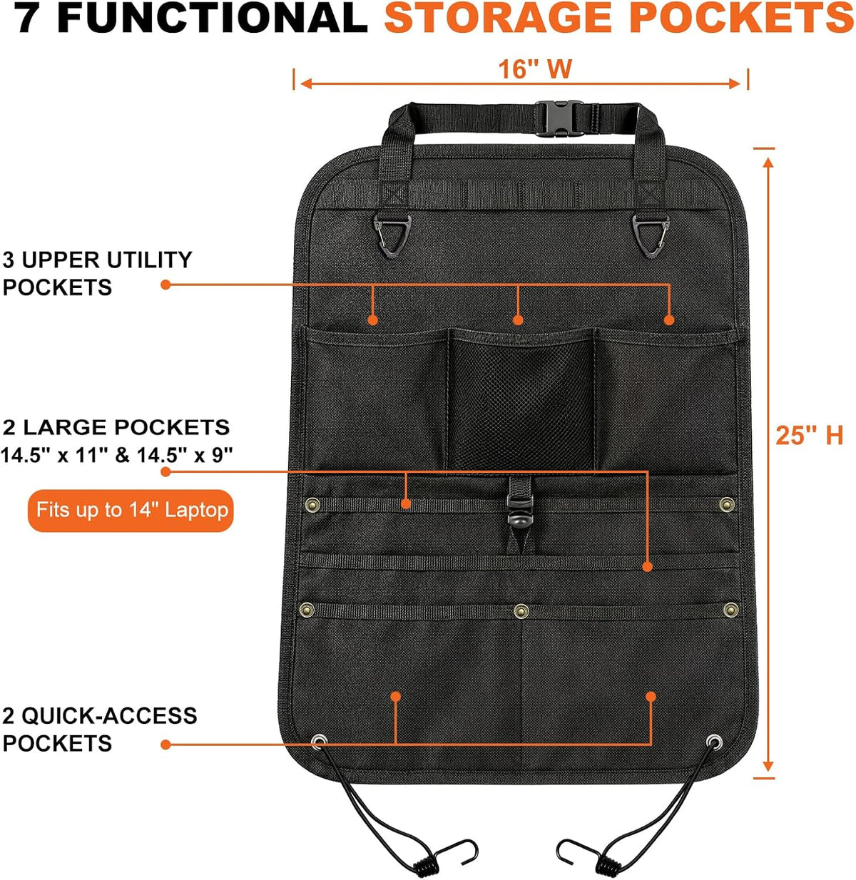 1 Pack Backseat Car Organizer, Heavy Duty Nylon Seat Back Organizer with 7 Storage Pockets, Anti-Swing Straps & Modular Webbing Panel for Cars, Work Trucks, SUVs, and Pickups