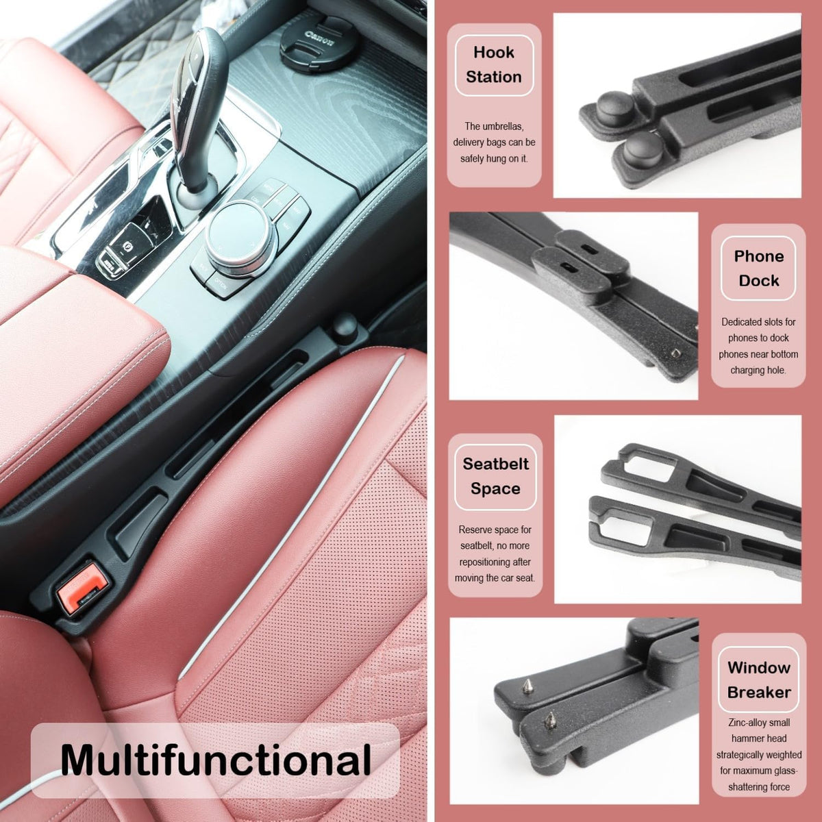 Carseat Gap Filler Organizer 2 Pack, 6 in 1 Car Side Seat Gap Plug Strip with Storage Slot, Window Breaker and Hook, Automotive Seat Catcher or Spacer Interior Accessories Between Seats & Console