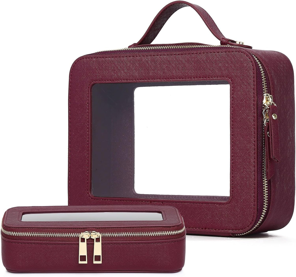 Pinkmik Clear Makeup Bag with Brush Bag, (Burgundy, L+SLIM)