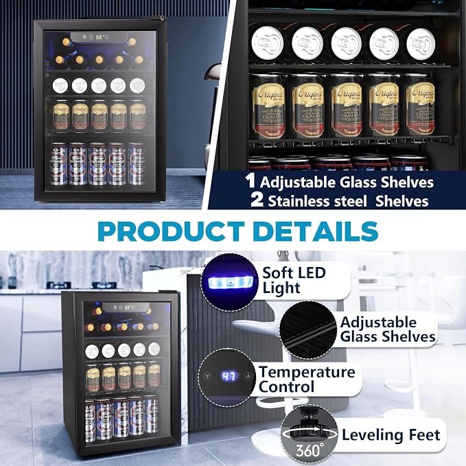 Electactic 2.6 Cu.ft Beverage Refrigerator Cooler, 95 Can Mini Fridge Glass Door with Adjustable Shelves, Digital Temperature Display, Freestanding Small Drink Fridge for Home, Office or Bar(Black)