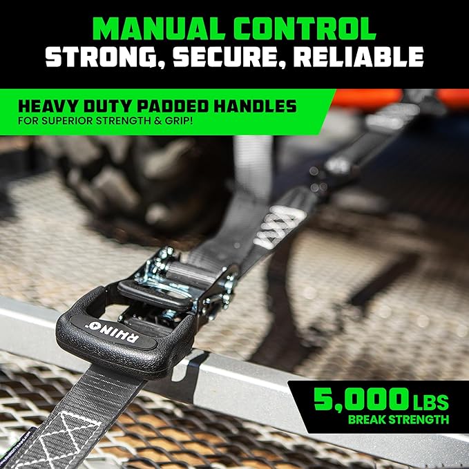 Rhino USA Ratchet Straps Heavy Duty Kit (4-Pack) - 1.6 Inch x 8 Feet Min Break Strength (5,000) - Ultimate Tie Down Straps with Safety S Hooks for Trucks, ATV, UTV, Motorcycle, Cargo & More - Gray