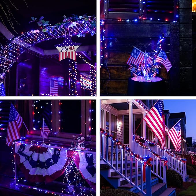 JMEXSUSS 4 Pack 50LED 4th of July Decorations Red White and Blue Lights, 16ft 4th of July Fairy Lights Battery Operated, Patriotic Fairy Lights Indoor for Independence Day Memorial Day Decor