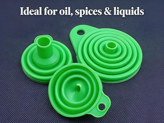 6pcs Kitchen Funnels for Filling Bottles, Small/Medium/Large Food Grade Stainless Steel Metal Kitchen Funnels Set for Essential Oil Spices Liquid, 3 Stainless Steel and 3 Silicone Folding