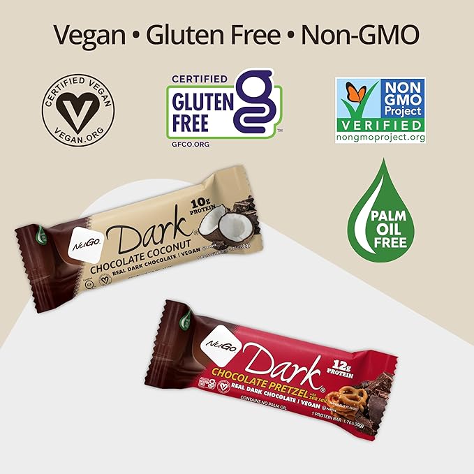 NuGo Dark Chocolate Coconut, 10g Protein Bar, Vegan, Gluten Free, Non-GMO, Kosher Pareve, 24 Count