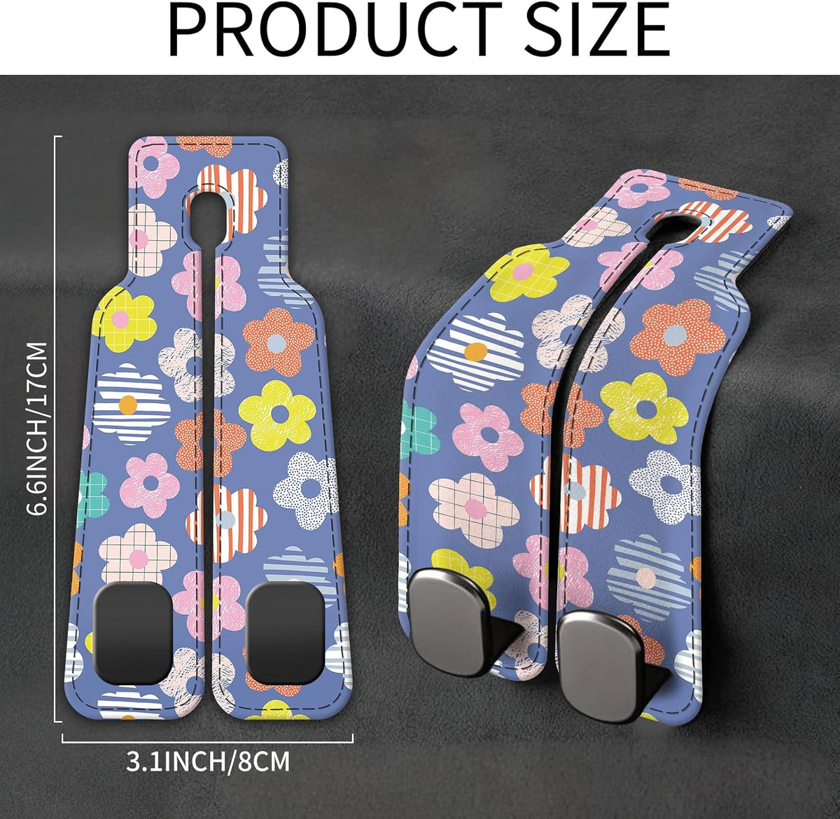 Car Seat Back Storage Headrest Hook, Premium Leather Double Metal Hook, Hanger Storage Organizer for Purse Cloth Bag, Car Interior Accessories Colorful Cute Daisy