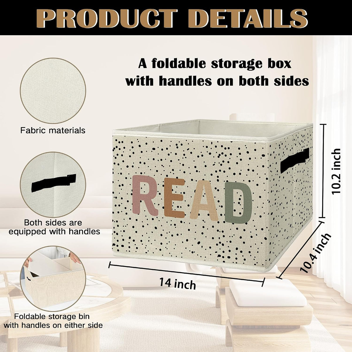 Boho READ Book Storage Bins & Boxes with Handles, Kids Foldable Basket for Organizing, Boho Nursery Collapsible Storage Basket for Kids Room Bedroom Reading Corner Nook Room Clothes Toys Books