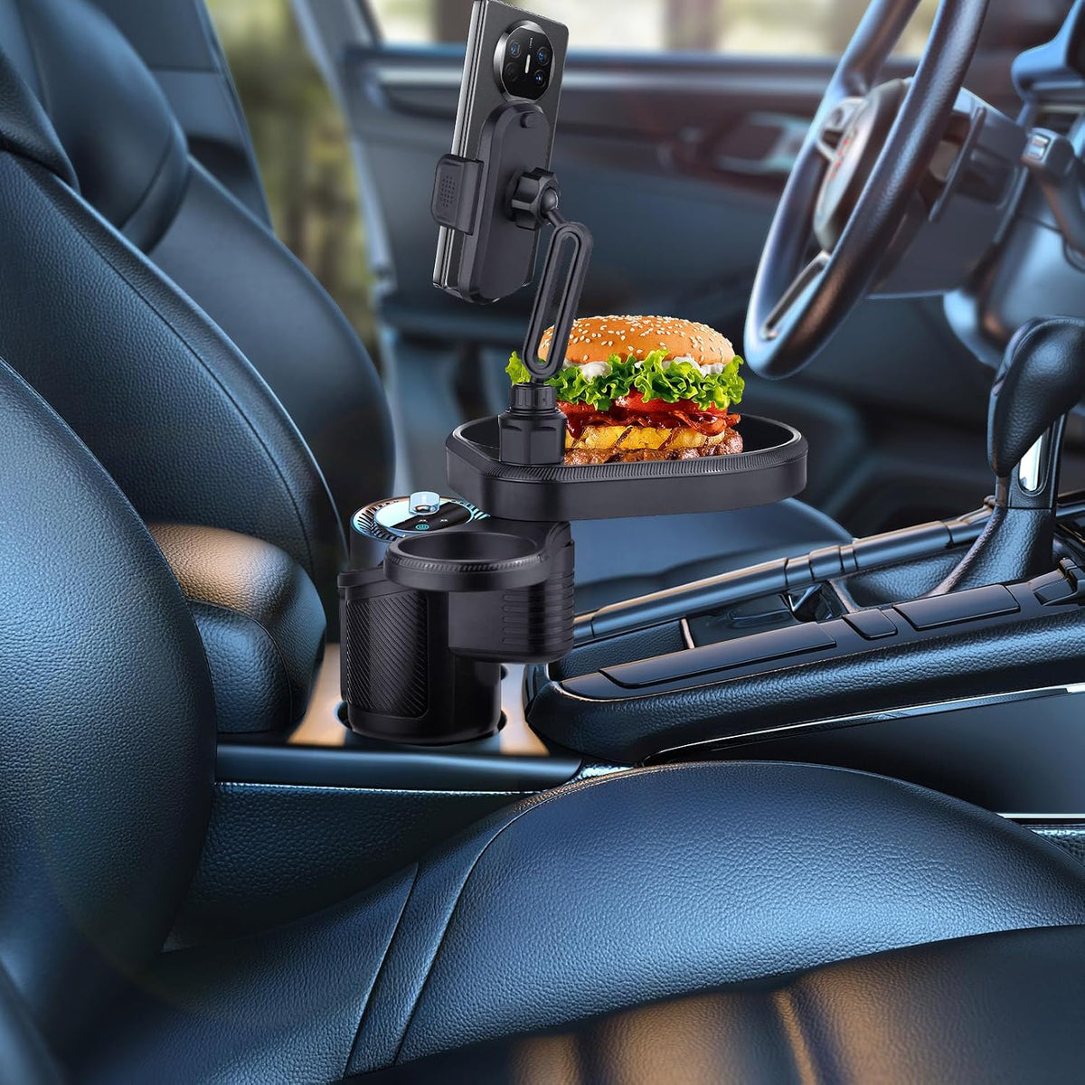 4-in-1 Car Cup Holder Expander - Rotating Tray with Phone Mount & Food Tray, Adjustable Base for Most Vehicles/RV/Trucks