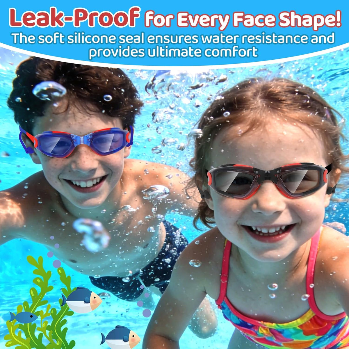 Vvinca Swim Goggles - Anti-Fog & UV Protection | No Leak Design for Kids Ages 3-15 (2 Pack)