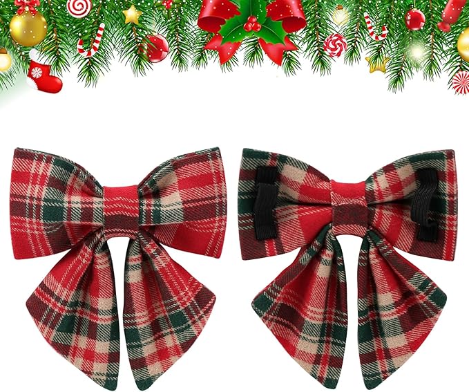 Christmas Plaid Dog Collar with Bow Tie– Adjustable Red & Green Checkered Dog Collar for Small Medium Large Dogs, Soft Xmas Plaid Puppy Collars with Quick Release Buckle M