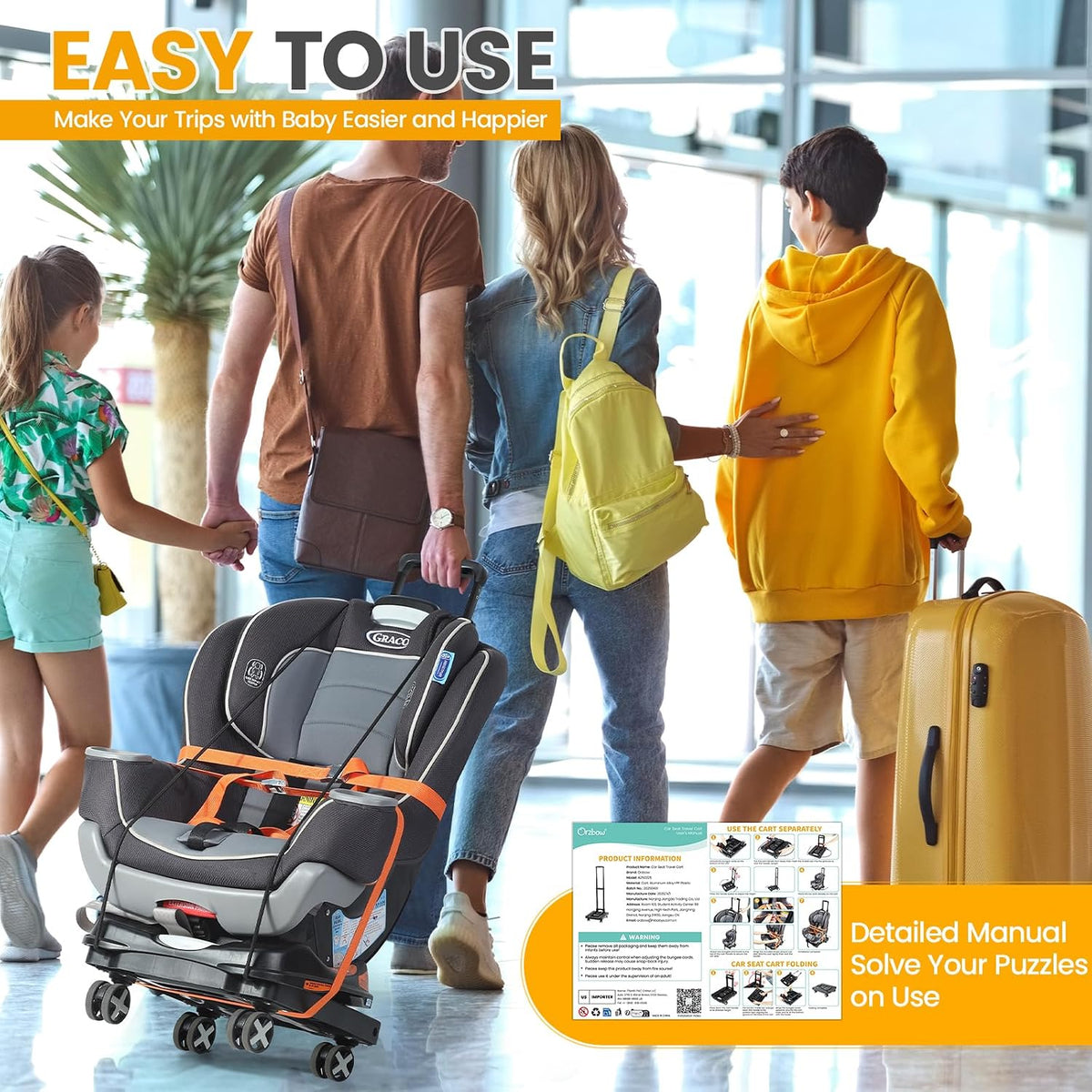 Orzbow Car Seat Dolly for Airport, Folding Car Seat Travel Cart with 4 Wheels and Adjustable Handle, Carseat Roller for Airplane Travel with Straps, Compact Luggage Hand Trolley, Black