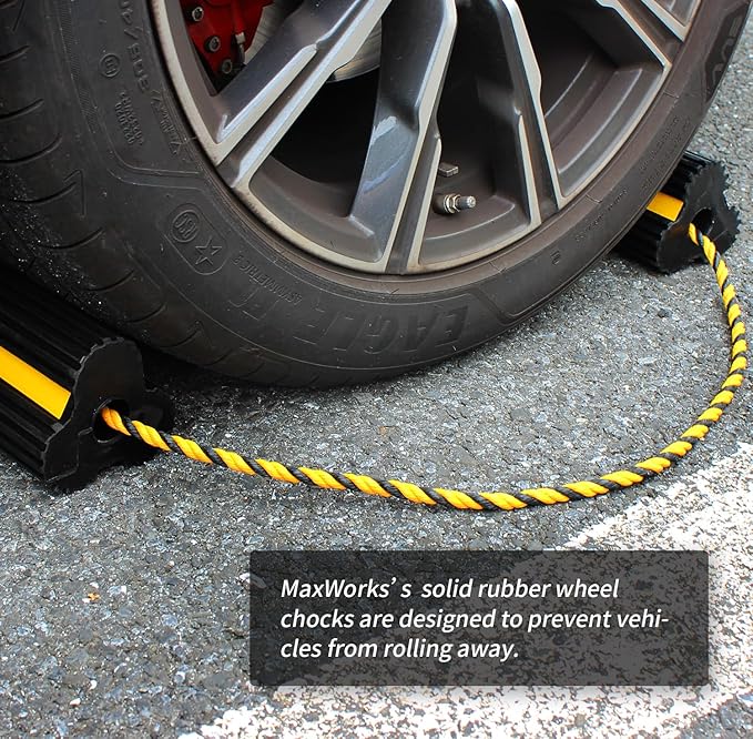 MaxxHaul 51013 Solid Rubber Wheel Chock for Travel Trailers Camper RV Truck Car Sturdiness Heavy Duty Simple Easy to use Tires Chock Block Stopper with Nylon Rope Yellow Reflective Tape 2 Pack