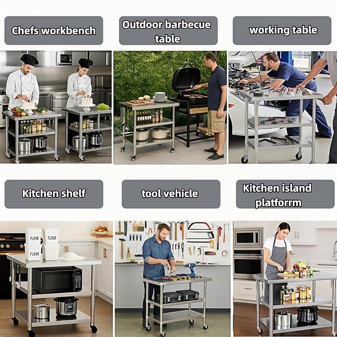 Stainless Steel Table with Wheels for Food Preparation and Work, Multi-Size Optional, Three-Layer Variable Two-Layer Metal Commercial Workbench Outdoor, Restaurant, Kitchen (72" Lx32 Wx34 H)