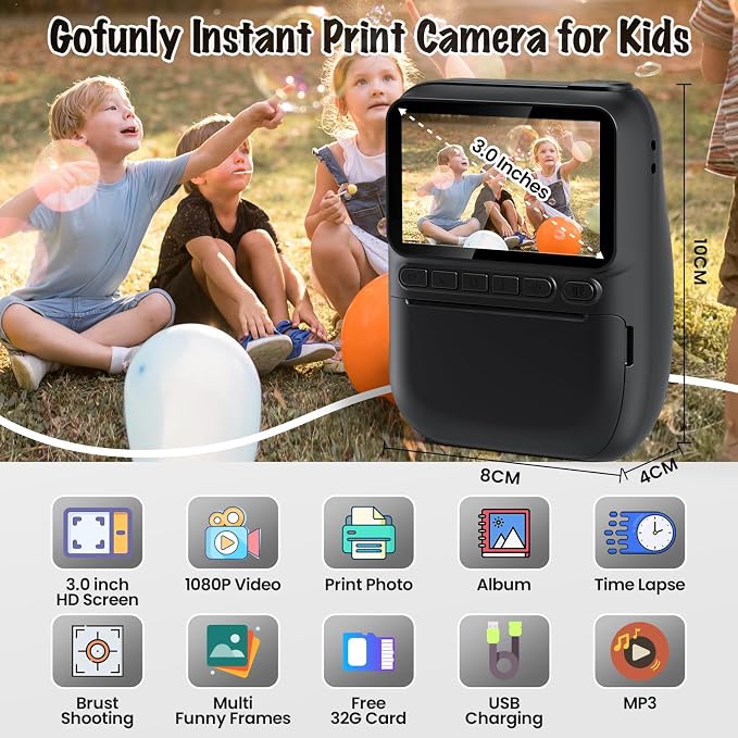 Instant Print Camera for Kids, 3.0" HD 1080P Digital Video Cameras