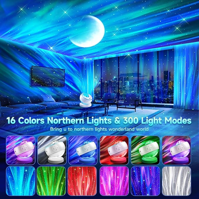 Northern Lights Projector,300+Color Modes Galaxy Projector for Bedroom, 15 White Noise, 5Moon Star Projector, Bluetooth, Remote Timer, Room Decor Bluetooth Teen Girl Gifts for Boys Gift Birthday Gifts