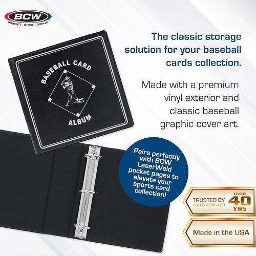 BCW Supplies Baseball Album - Premium 3" Black Binder for 90 Cards | Heavy-Duty D-Ring for Lasting Durability