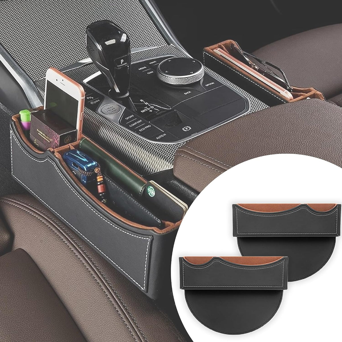 Car Seat Gap Organizer Large Capacity Leather Storage Box with Charging Port Multi-Purpose Car Seat Crevice Storage Solution for Phones Wallets Cards Ideal for Car Organization (Modern, White-Double)