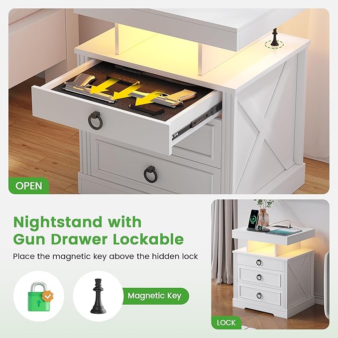 HNEBC Night Stand Set 2 with Gun Drawers, Farmhouse Nightstand with Charging Station, Secret Bedside tabel with 3 Color Auto Light, Smart End Table with Hidden Storage for Bedroom Furniture-White