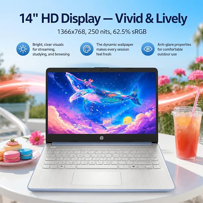 HP 14 Laptop for Students and Home Use, Intel Processor N150, 16GB RAM | 128GB UFS+256GB MSD, 14" HD Display, Wi-Fi 6, 1-Year Microsoft 365, Copilot AI Key, Lightweight, Sky Blue, W/Mouse