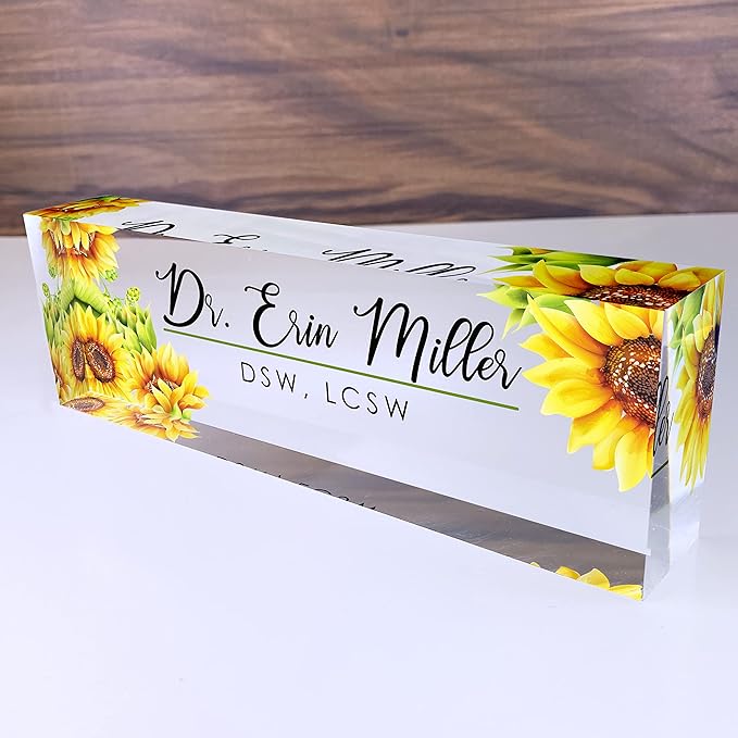 Artblox Office Desk Name Plate Personalized | Custom Name Plates for Desks | Sunflowers Design On Clear Acrylic Glass | Office Desk Decor - (8" x 2.5")
