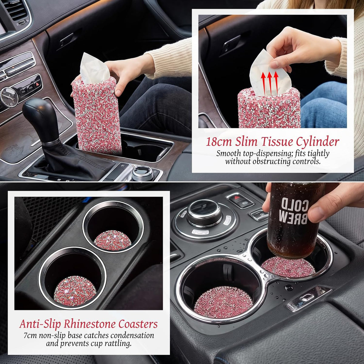 Handmade Crystal Rhinestone Bling Car Interior Accessories - (Pink & White)