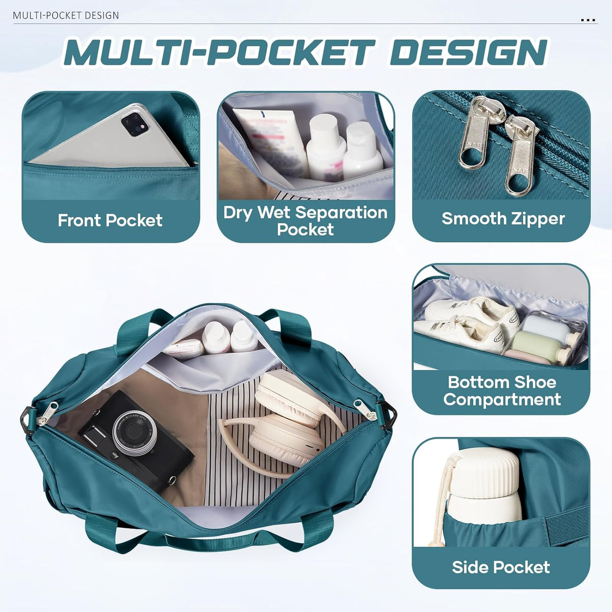 Skiennix Travel Duffel Bag - Waterproof Weekender with Shoe Compartment & Trolley Sleeve | Peacock Blue