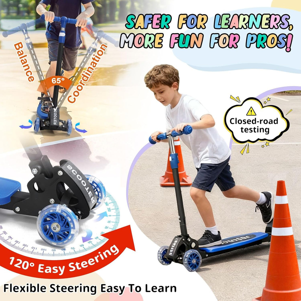 Skiennix Kick Scooter for Kids 3-7 Years - Light-Up Three-Wheel Design, Adjustable Height, Foldable, Stable Dual Rear Wheels