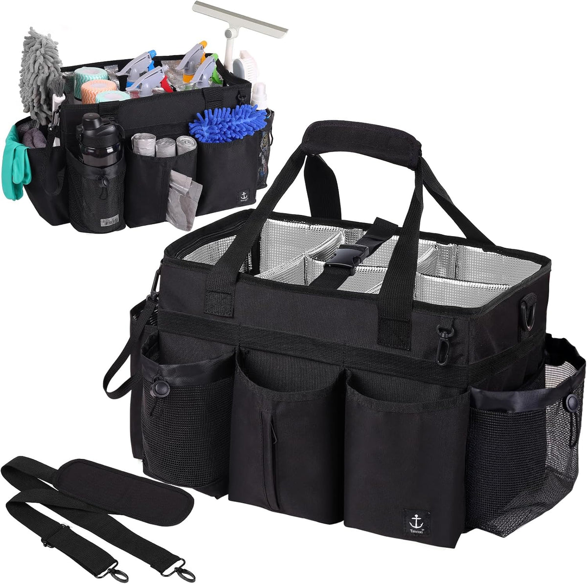 Large Wearable Cleaning Caddy Bag with Detachable Divider, Cleaning Organizer with Handles, Cleaning Supply Tote with Adjustable Shoulder Strap&Waist Belt for Cleaners & Housekeeper (Black)