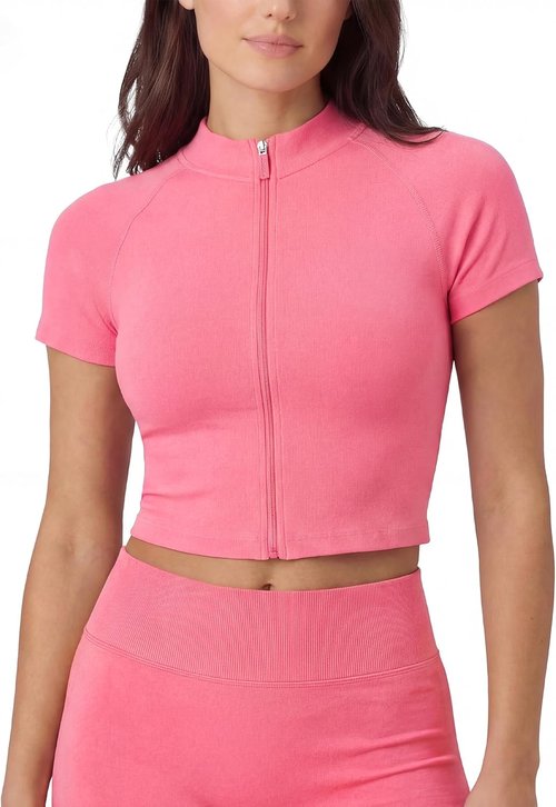 AUROLA Workout Tops - Seamless Slim Fit Zip-Up Yoga Jacket for Women | Short Sleeve Crop Top