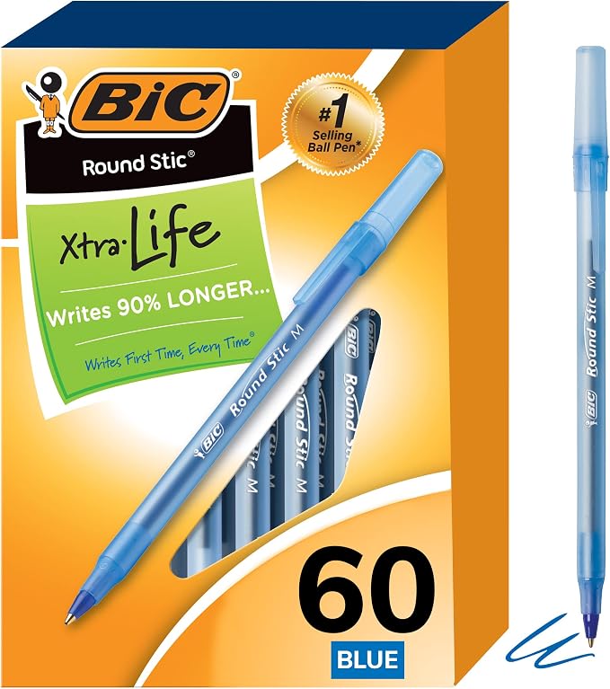 BIC Round Stic Xtra Life Ballpoint Pen, Medium Point, Flexible Round Barrel