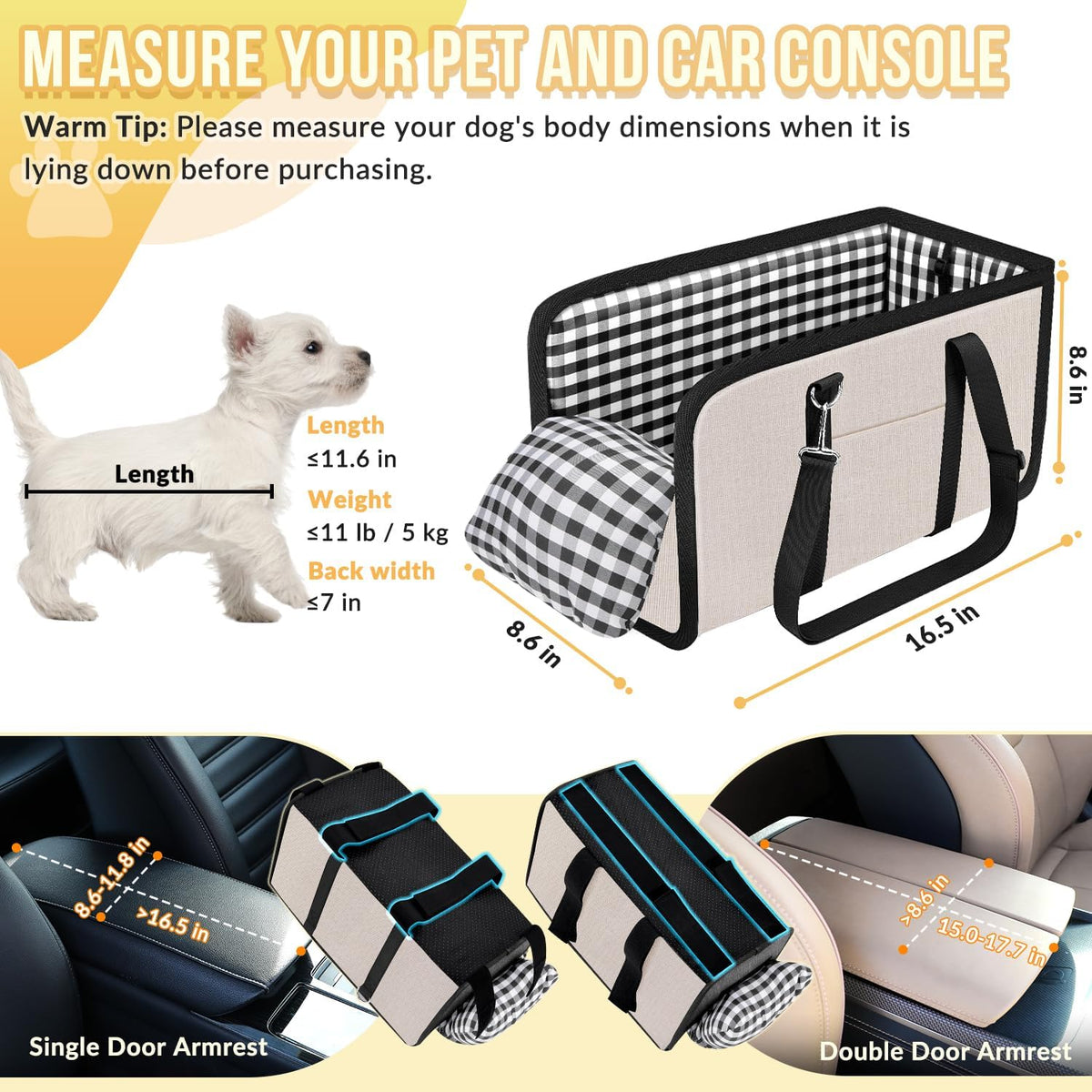 SlowTon Console Dog Car Seat, Dog Booster Seat for Small Dogs Under 11lbs