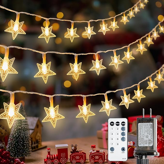 Star String Lights Plug in,33ft 100LED Fairy Lights with Remote, Hanging Star Decorations Lights Waterproof for Indoor Outdoor Bedroom Classroom Dorm Kids Tent Party Decor,Warm White