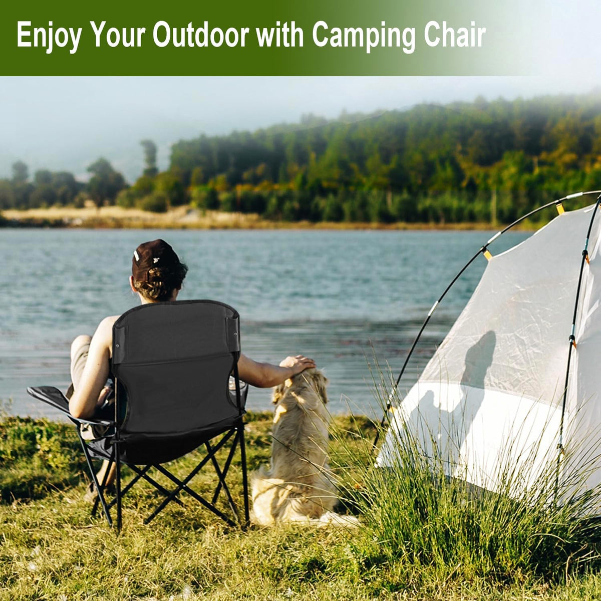 Skiennix Folding Camping Chairs - Heavy Duty Collapsible Lawn Chair with Cooler Bag | Supports 225LBS, Black
