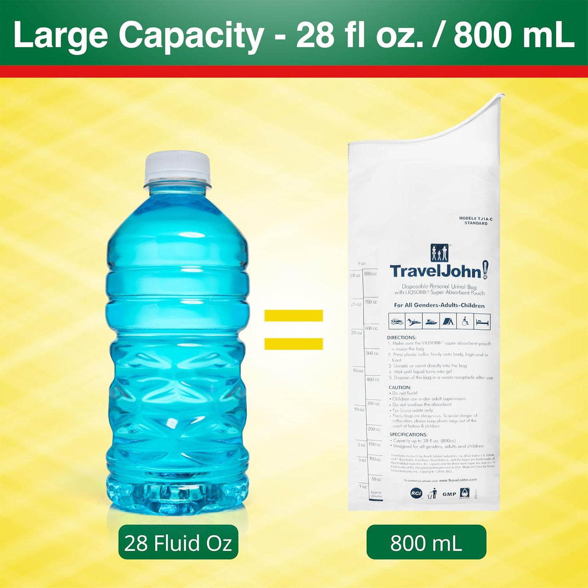 TravelJohn Disposable Urinal Bags – Road Trip Essentials for Men, Women & Kids – Odorless Leakproof Portable Urine Bags – Ideal for Camping, Emergencies & Long Car Rides (TJ1A-C)