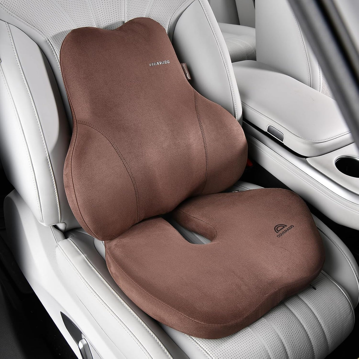 Coverado Memory Foam Car Seat Cushion and Lumbar Support Pillow for Car, Ergonomic Office Chair Cushion for Lower Back Pain Relief, Breathable & Non-Slip for Car, Home, and Office Use, Coffee