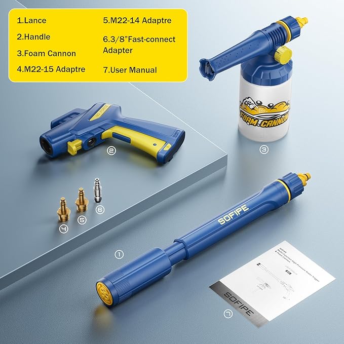 5-in-1 Pressure Washer Gun with Foam Cannon, Built-in 5 Spray Nozzles, M22-14 & M22-15 Adapters, 3/8" Quick-Connect Adapter – Power Washer Gun for Car & Home Cleaning