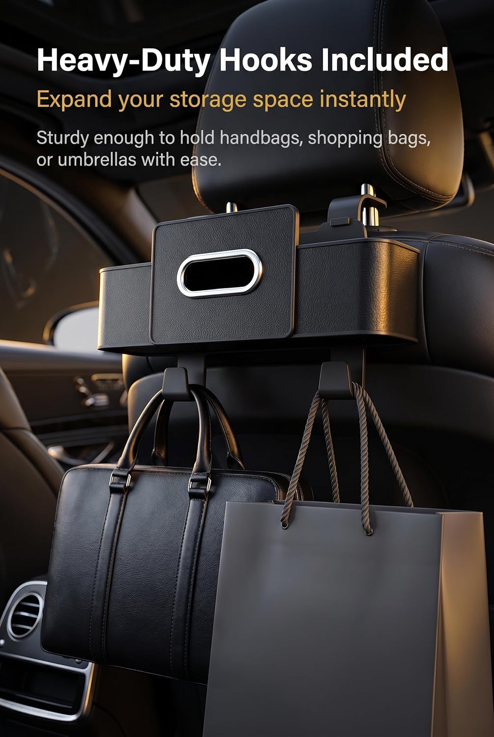 3-in-1 Back Seat Car Organizer, Waterproof Car Tissue Holder with Cup Holder & Hooks, Multifunctional Storage Box for Hold Phones Snacks Drinks Handbags (Black)