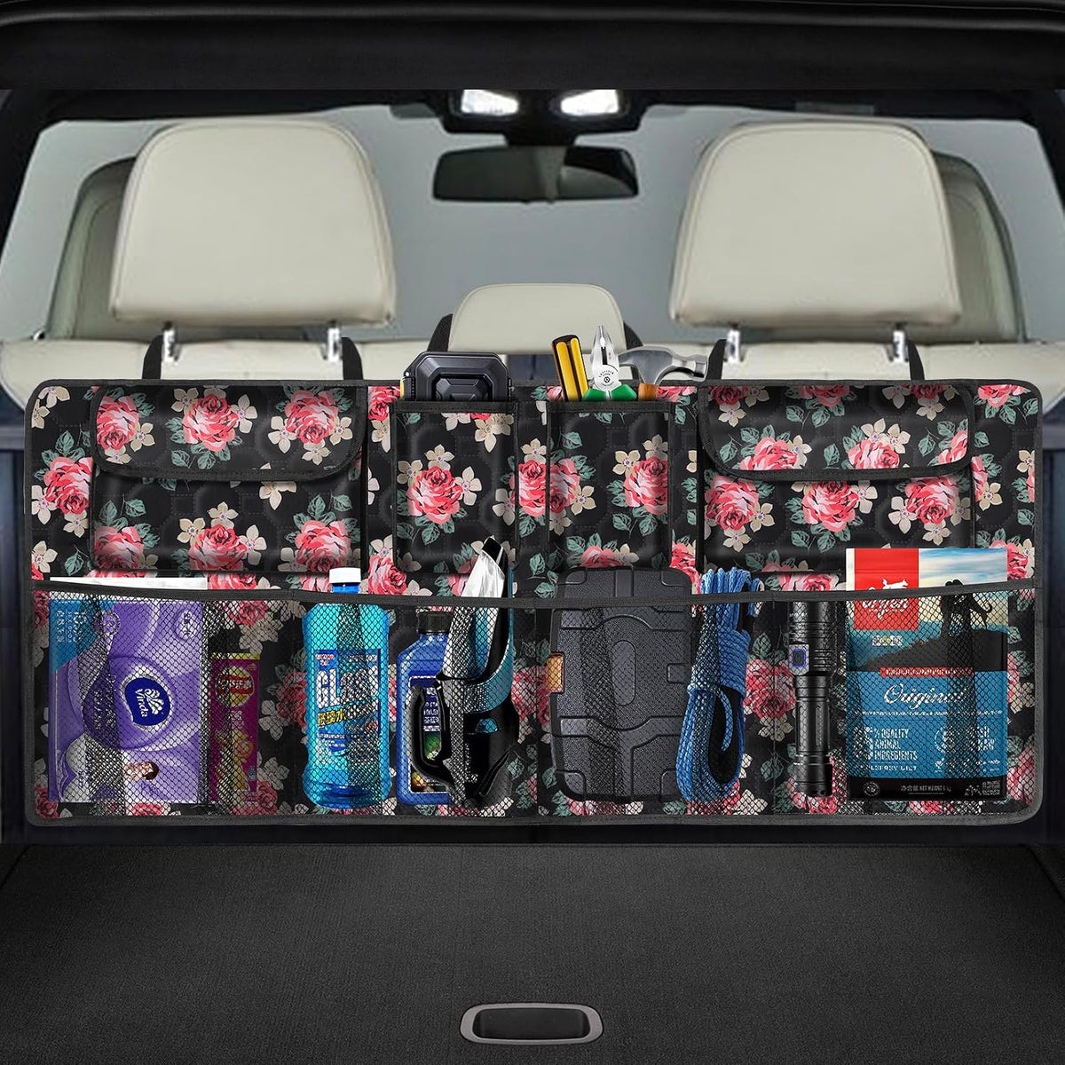 Car Trunk Organizer, Super Capacity Backseat Car Organizer for SUV/Truck/MPV(42"*18"), Hanging Car Storage Organizer with 8 Pocekts, Car Accessories for Women and Men- Floral