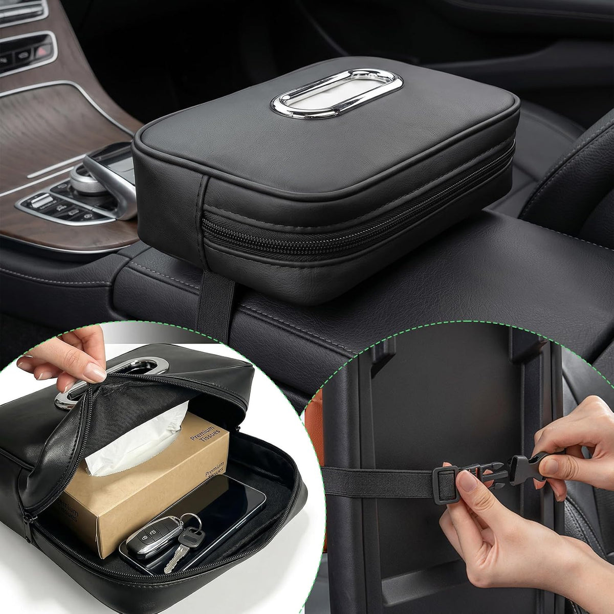 Car Tissue Holder, Car Napkin Holder, PU Leather Backseat Tissue Box Cover Fits for 120 Standard Kleenex Box, Large Rectangle Napkin Organizer for Auto Back Seat Headrest Sun Visor (Black)
