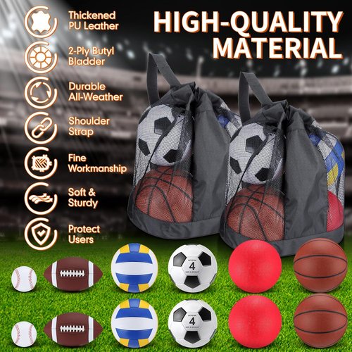 Deekin 12-Piece Sport Ball Set for Kids - Official Size Basketball, Football, Volleyball & More | Includes Bag & Pump