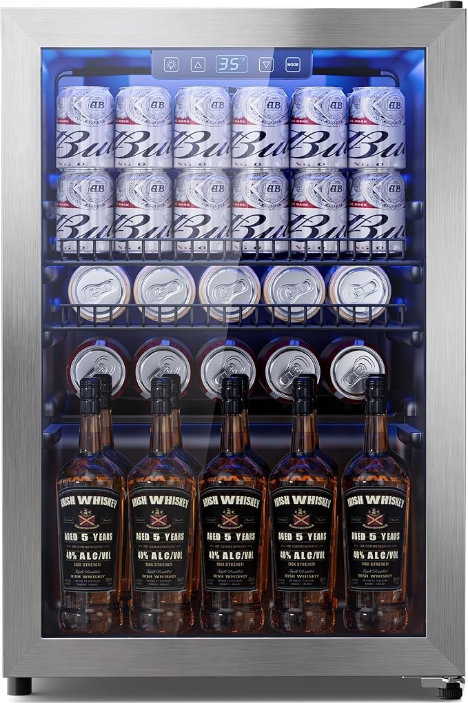 Tehanld 2.5 Cu.Ft Beverage Fridge, Glass Door Mini Fridge, Silver, 96 Can | Adjustable Shelves for Wine & Beer, Digital Temp, Holds Up to 96 Cans, Freestanding for Home & Office